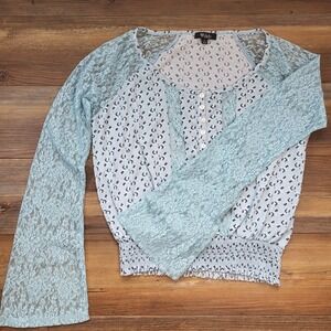 Y2K DEB‎ FROST BLUE BOHO FAIRY FLORAL LACE SMOCKED BOTTOM TOP SMALL